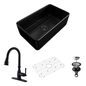 30 in. Farmhouse/Apron-Front Single Bowl Fireclay Kitchen Sink with Matte Black Faucet, Bottom Grid and Strainer Basket