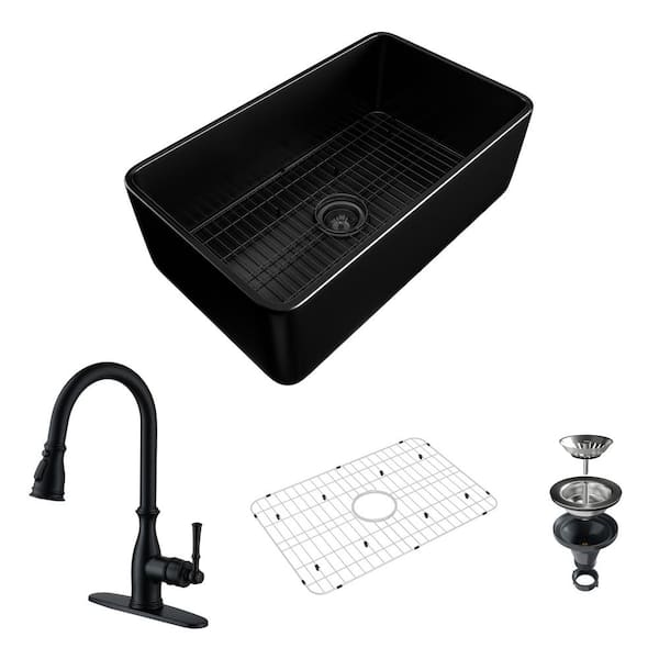 Boyel Living 30 in. Farmhouse/Apron-Front Single Bowl Fireclay Kitchen Sink with Matte Black Faucet, Bottom Grid and Strainer Basket