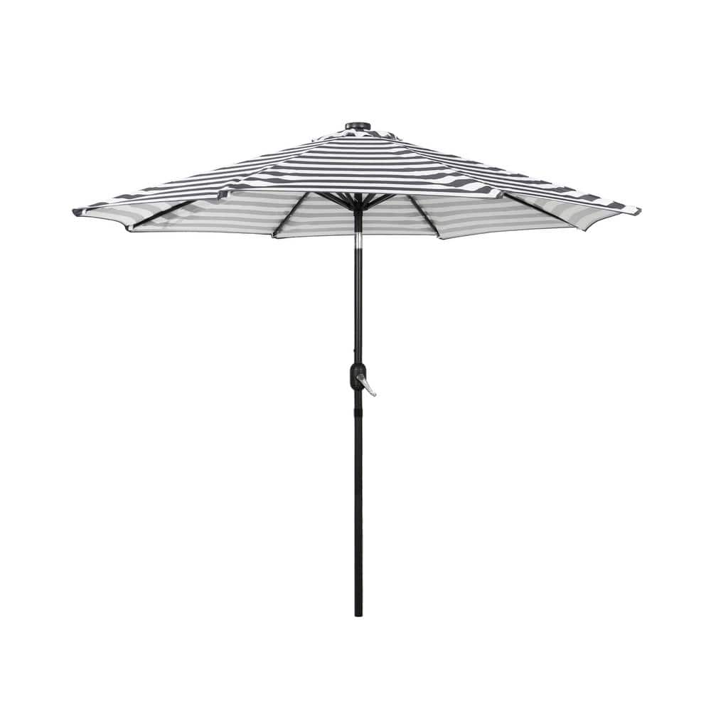 Gray and White Striped 9-Foot Solar LED Patio Umbrella with Tilt and Crank