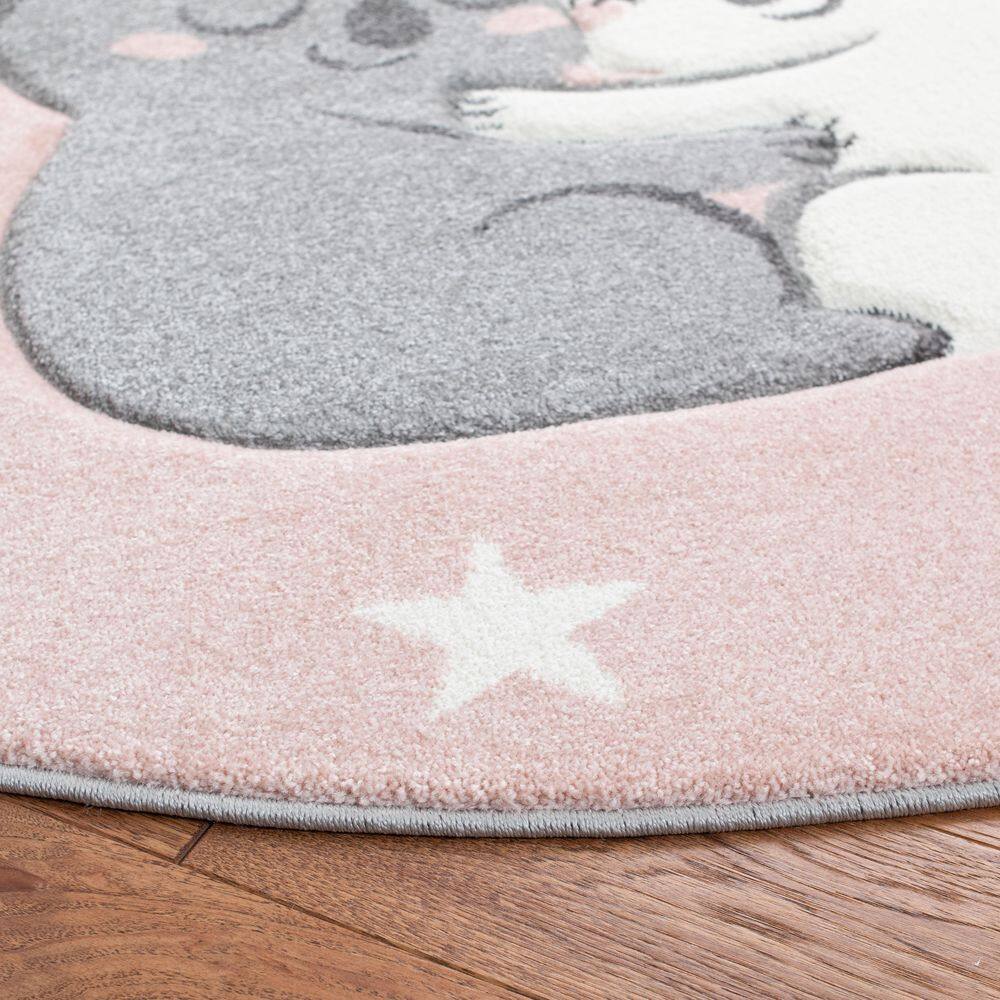 Round Pink and White Synthetic Kids Rug, 59-inch