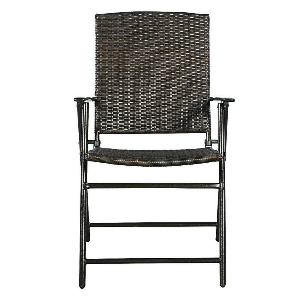 Brown Wicker Folding Outdoor Dining Chairs with Steel Frame, Set of 4