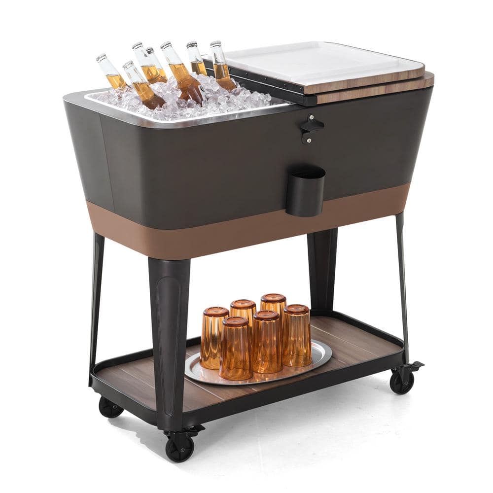 Copper and Black Metal Rolling Ice Chest Cooler with Storage Shelf