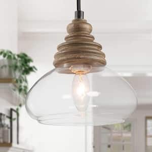Farmhouse 1-Light 7.5 in. Brown Mini Pendant with Globe Clear Glass Shade Rustic Wood Pendant Light for Kitchen Island