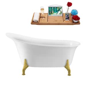 59 in. x 28.3 in. Acrylic Clawfoot Soaking Bathtub in Glossy White with Polished Gold Clawfeet and Matte Pink Drain