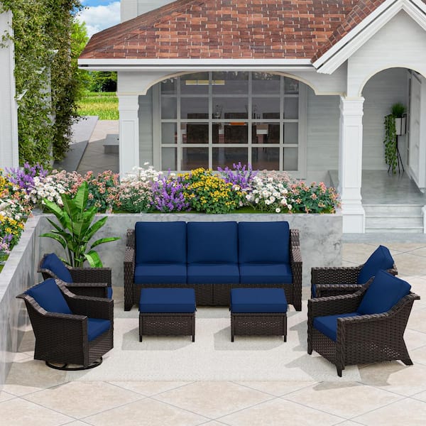 7-Piece Wicker Outdoor Patio Conversation Furniture Sofa Set Swivel Rocker Chairs with Blue Cushions