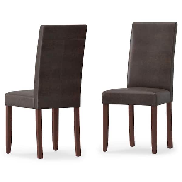 Acadian Transitional Parson Dining Chair in Distressed Brown Faux Leather (Set of 2)