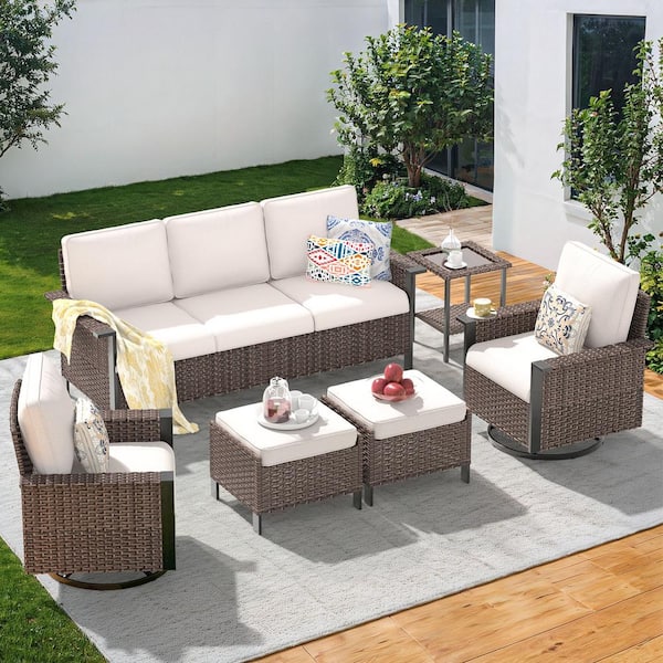 Nyajiah 6-Piece Wicker Patio Conversation Set with Beige Cushions