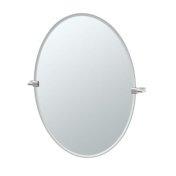 Bleu 28.25 in. W x 32 in. H Oval Frameless Tilt Wall Bathroom Vanity Mirror in Satin Nickel