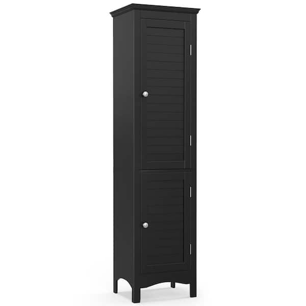 Tall Bathroom Floor Cabinet with Shutter Doors and Adjustable Shelf-Black | Costway