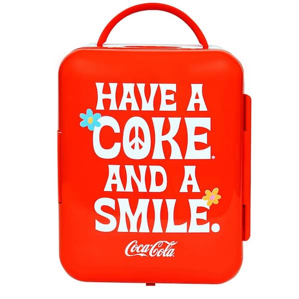 Coca-Cola Smile 1971 Series 4L Cooler/Warmer with12V DC and 110V AC Cords, 6 Can Portable Mini Fridge