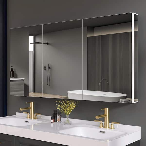 Zeafive Vie 60 in. W x 30 in. H White Rectangular Recessed or Surface Mount Aluminum Medicine Cabinet with Mirror Tri-View Clear