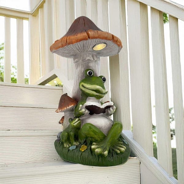 Galt International 14 in. Reading Frog Mushroom Solar LED Statue