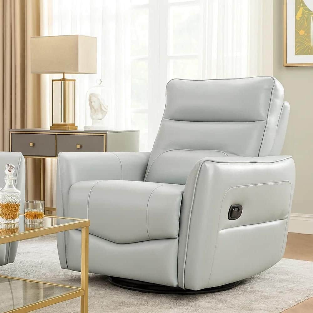 Benjara Temy Aqua Blue Grain Leather Swivel Glider Manual Recliner