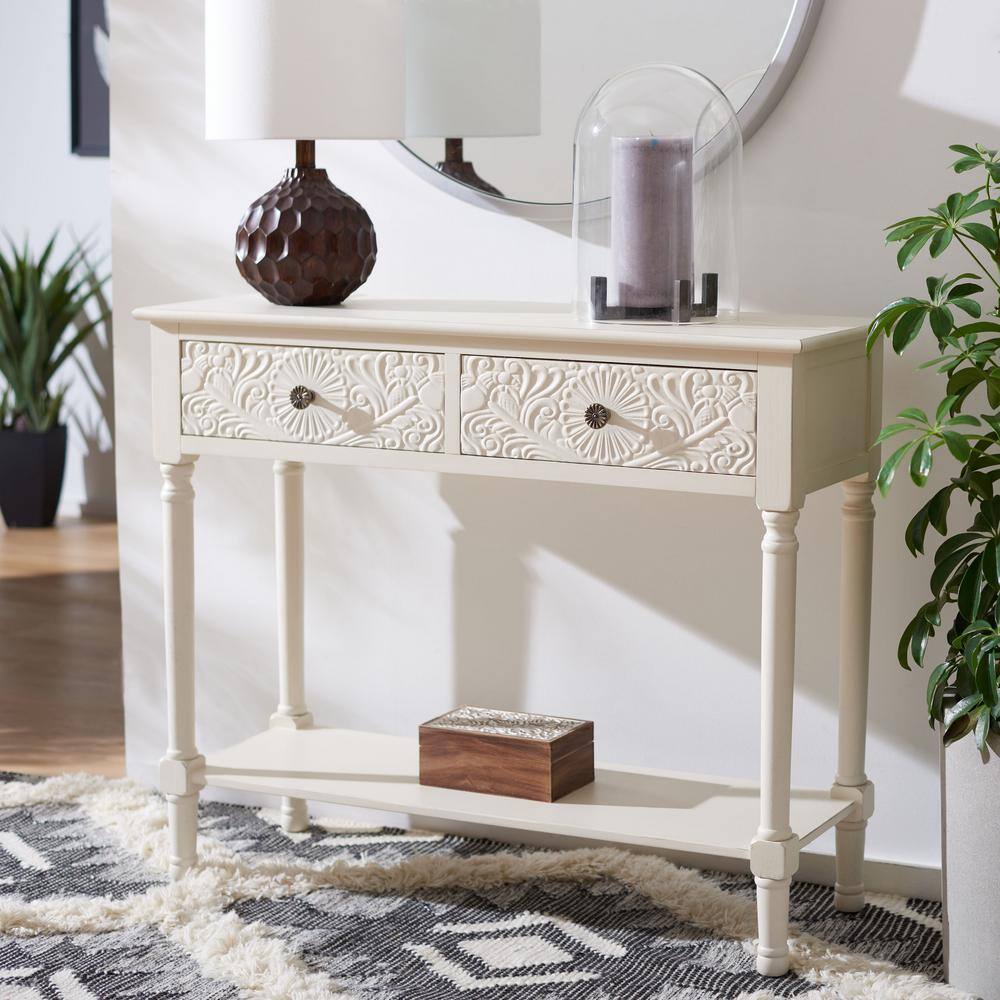 Distressed White Carved Wood Hallway Table with Storage