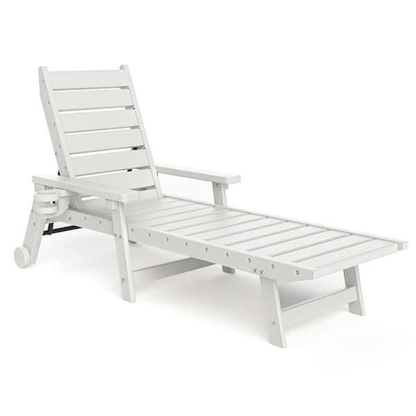 ZeaLuxe 1-Piece White HDPE Plastic Outdoor Patio Chaise Lounge with Wheels and Adjustable Backrest