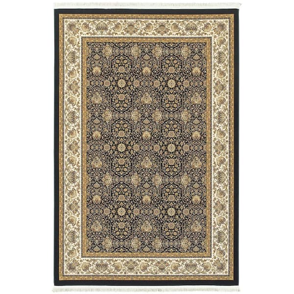 7' X 10' Navy Blue And Ivory Oriental Area Rug With Fringe