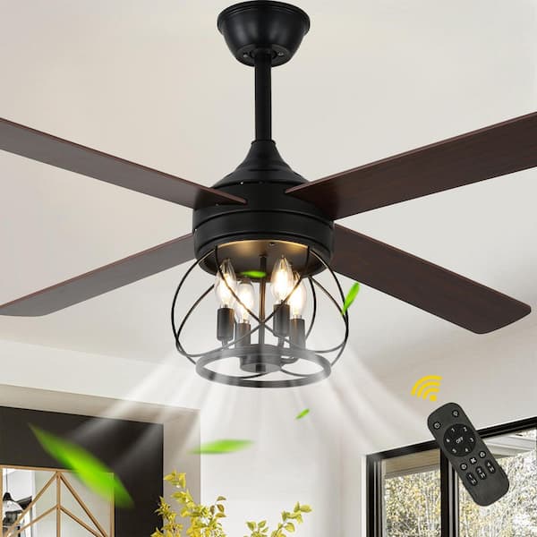 Koyah 52" Farmhouse Black Reversible Ceiling Fan with Light Kit and Remote, 6 Speed Downrod Fan