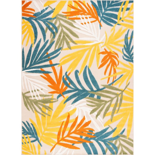 Tayse Rugs Oasis Gold 8 ft. x 10 ft. Floral Indoor/Outdoor Area Rug