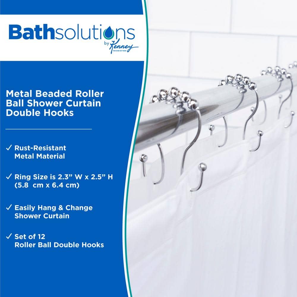 Chrome Metal Beaded Roller Ball Shower Curtain Double Hooks, Set of 12