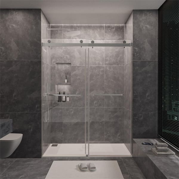 60 in. W x 76 in. H Sliding Frameless Shower Door in Brushed Nickel with 3/8 in. Clear Glass