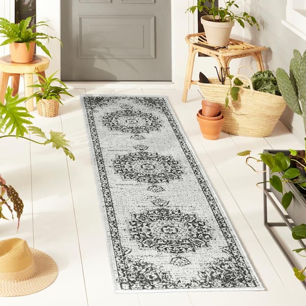 Patio Country Azalea Grey/Black 2 ft. x 7 ft. Medallion Indoor/Outdoor Area Rug