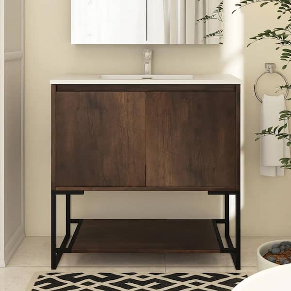 Boosicavelly 36 in. W X 19 in. D X 34 in. H Single Sink Freestanding Bath Vanity in Rose Wood With White Resin Top