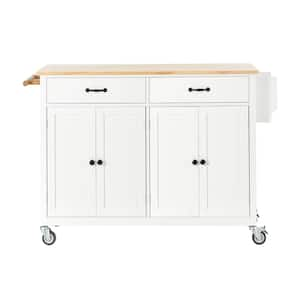 White Solid Wood Kitchen Cart with Four Door Cabinet and 2- Drawers