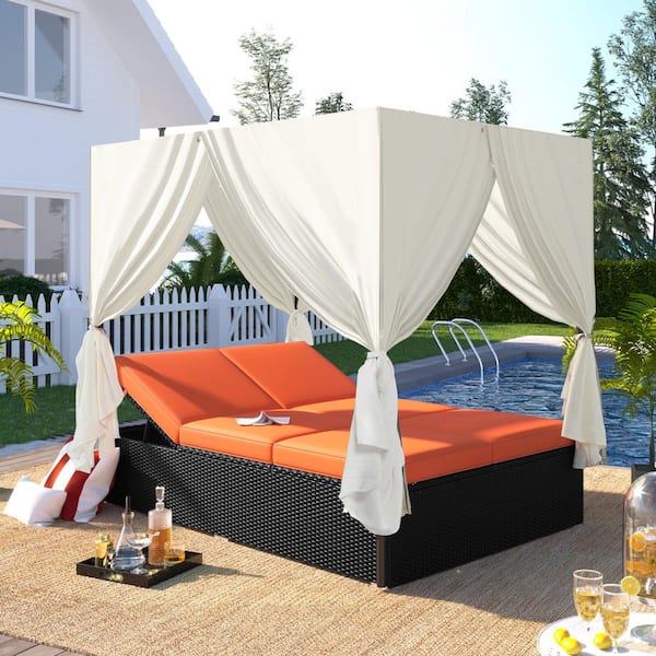 Harper & Bright Designs Black Wicker Outdoor Adjustable Seats Day Bed with Orange Cushions and Beige Canopy