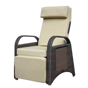 Brown Wicker Outdoor Adjustable Lounge Chair with Khaki Cushion
