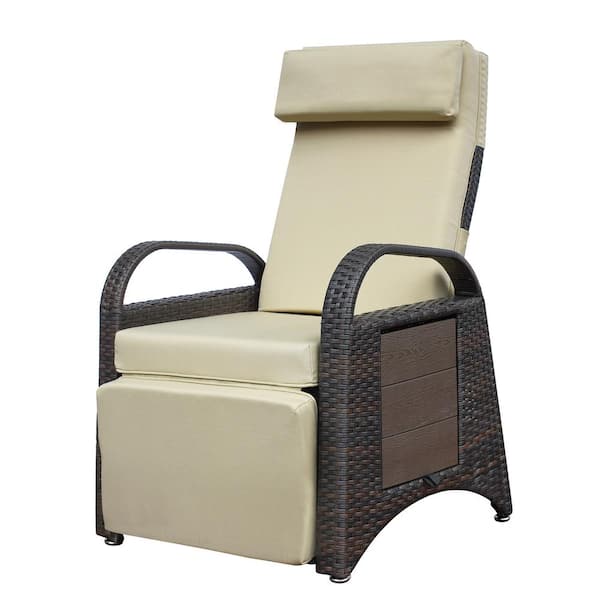 Cesicia Brown Wicker Outdoor Adjustable Lounge Chair with Khaki Cushion