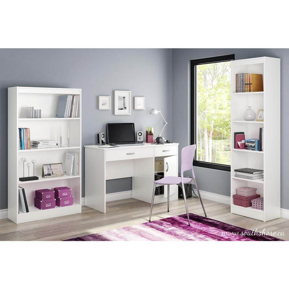 Pure White Wood Computer Desk with Drawer and Filing Cabinet