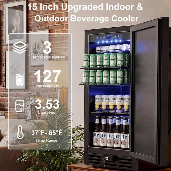 15 in. 3.53 cu. ft. 127-Can (12 oz.) Built-In/Freestanding Indoor and Outdoor Beverage Cooler in Black