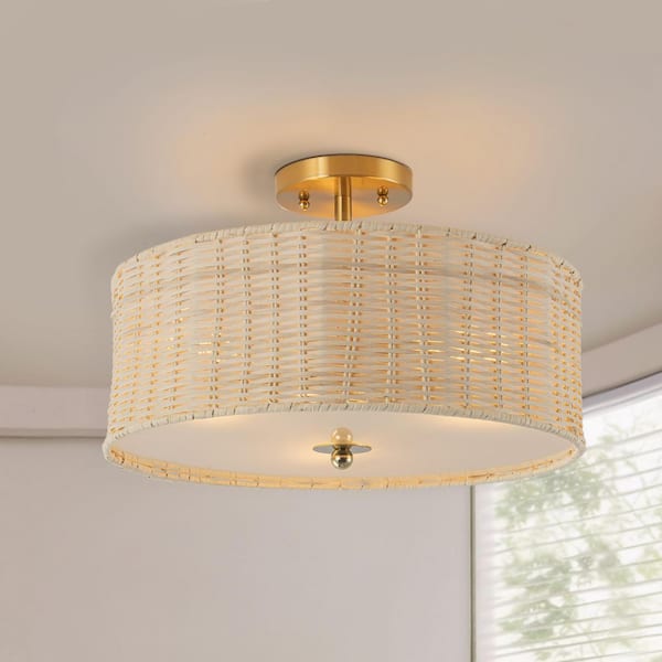C Cattleya 15.75 in. 3-Light Brass Woven Rattan Semi-Flush Mount Ceiling Light