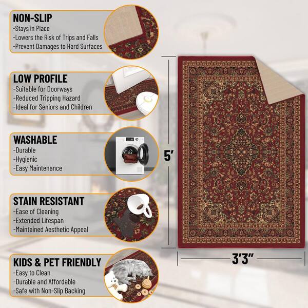 Ottomanson Ottohome Collection Non-Slip Rubberback Medallion Oriental  Design 3x5 Indoor Area Rug, 3 ft. 3 in. x 5 ft., Dark Red OTH2210-3X5 - The  Home Depot