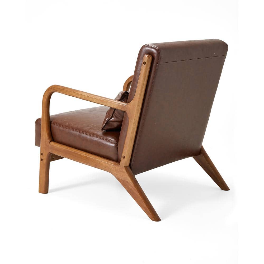 Mid-Century Modern Coffee Brown Faux Leather Accent Chair with Walnut Wood Frame