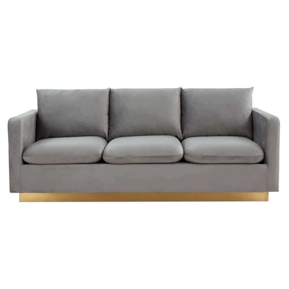LeisureMod Nervo 65'' Light Grey Velvet Upholstered Sofa with Gold Frame