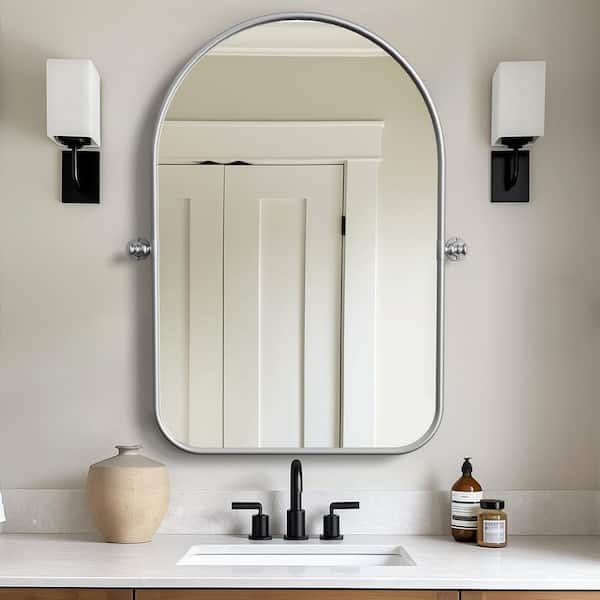 NEUTYPE 24 in. W x 36 in. H Arched Sliver Framed Wall Mirror Round Corner Bathroom Vanity Mirror