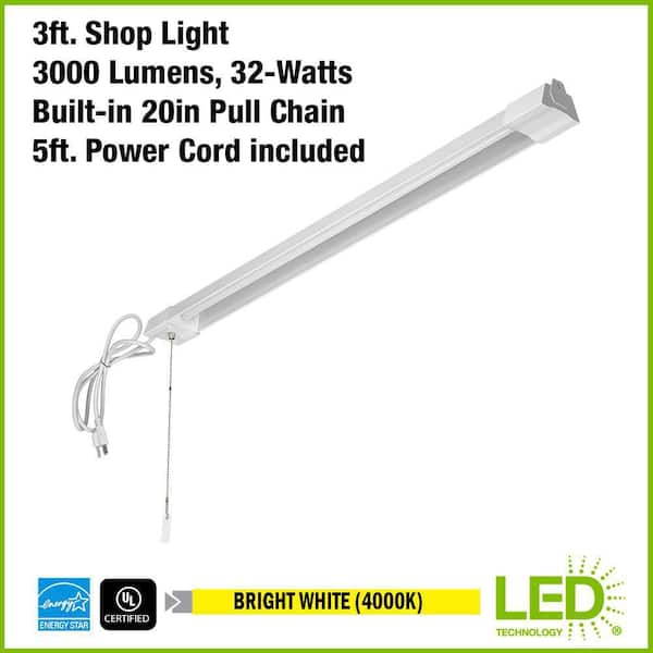 3 ft. 32-Watt Plug-in Integrated LED White Shop Light with Pull Chain 3000LM Bright White 4000K 5ft Power Cord (4-Pack)