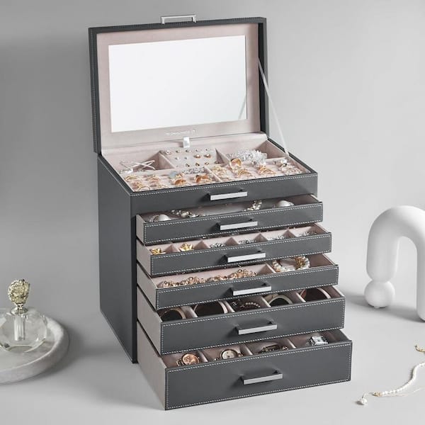 Gray 12 in. x 12.3 in. Polyurethane Modern Jewelry Organizer Box with Big Mirror