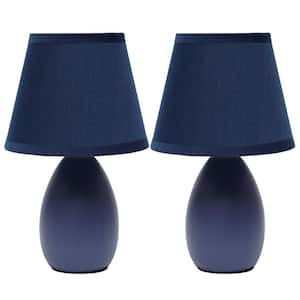9.45 in. Blue Traditional Petite Ceramic Oblong Bedside Table Desk Lamp Set with Matching Tapered Fabric Shade (2-Pack)