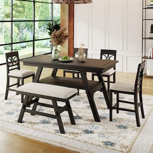 6-Piece Espresso Rectangle Wood Top Dining Set with Bench, 4-Beige Linen Upholstered Dining Chairs, Storage Shelf