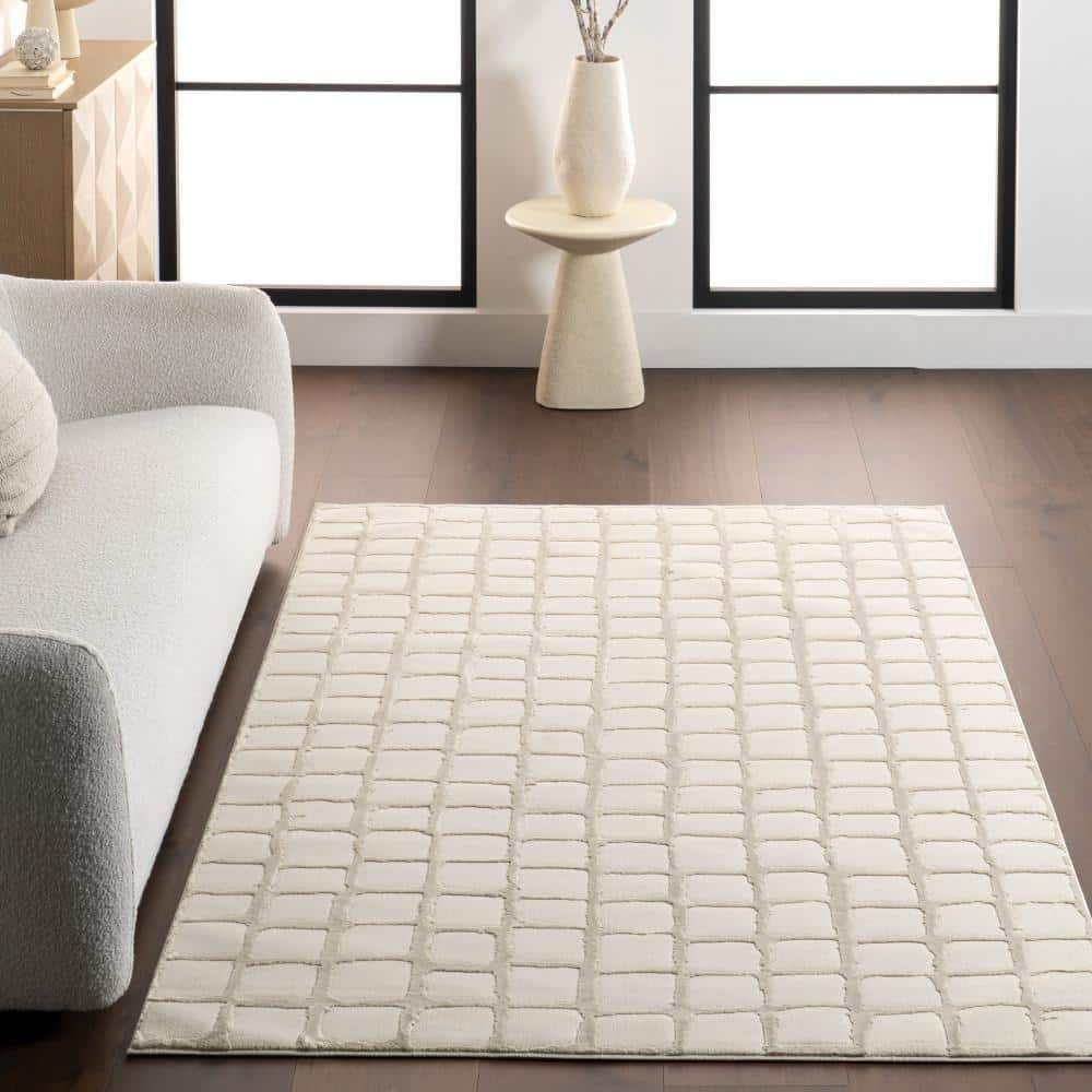 Eunice Modern Beige Checkered 4' x 6' Machine Washable Area Rug