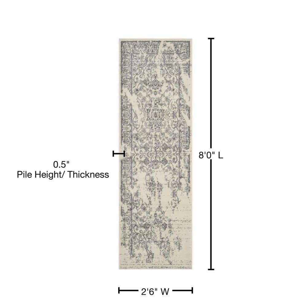 Ivory and Silver Distressed Oriental Runner Rug 2'6" x 8'