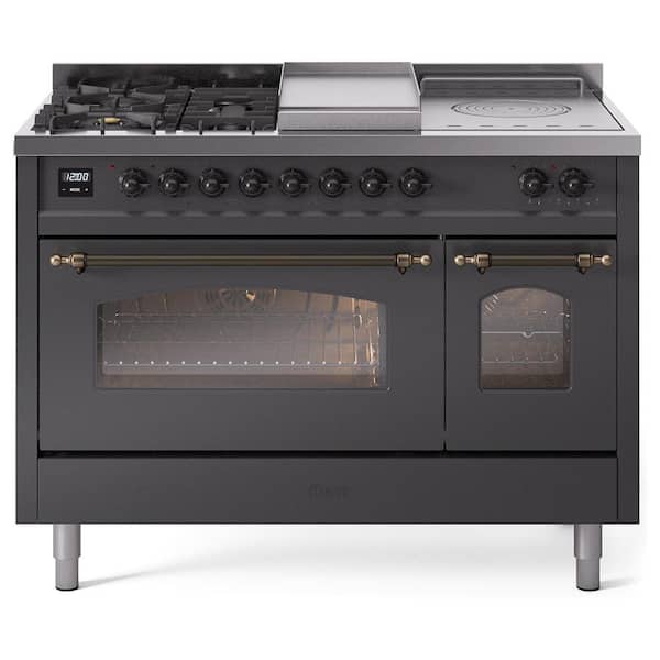 ILVE Nostalgie II 48 in. 5 Burner plus Frenchtop plus Griddle Liquid Propane Dual Fuel Range in Matte Graphite with Bronze