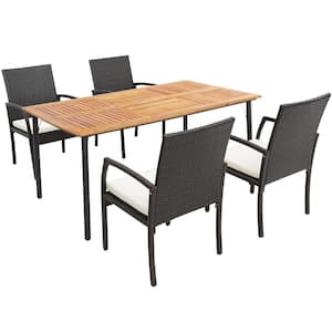 5-Piece Wood Outdoor Dining Set Armchairs Acacia Wood Table with Umbrella Hole and White Cushion