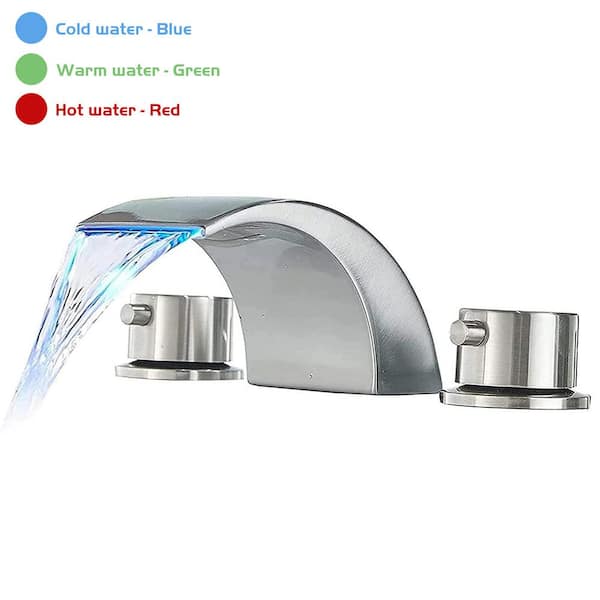 BWE 8 in. Waterfall Widespread 2-Handle Bathroom Faucet With Led Light In Brushed Nickel