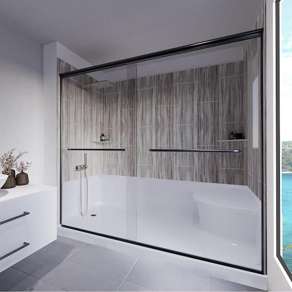 NuVo Driftwood-Rainier 60 in. W. x 32 in. x 83 in. Base/Wall/Door Seated Base Alcove Shower Stall/Kit Matte Black Left