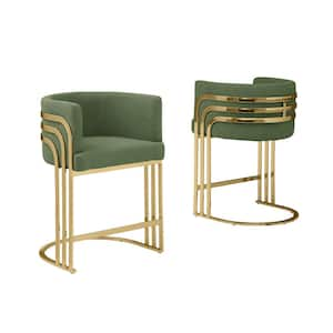 Alana 29 in. Green Low Back Gold Metal Frame Bar Stool With Teddy Fabric Set of 2