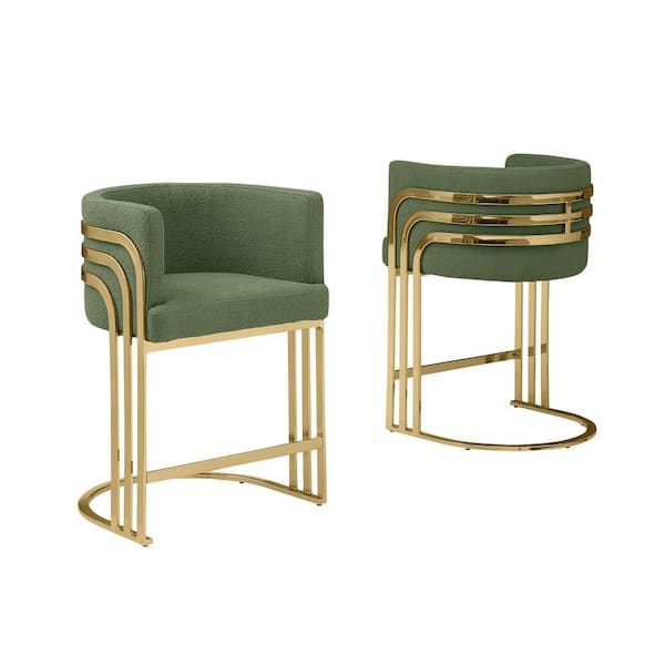 Best Quality Furniture Alana 29 in. Green Low Back Gold Metal Frame Bar Stool With Teddy Fabric Set of 2