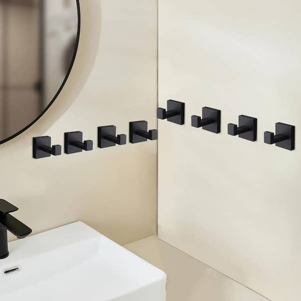 8-Pack J-Hook Wall-Mounted Stainless Steel Bathroom Robe/Towel Hook in Matte Black for Bathroom Kitchen